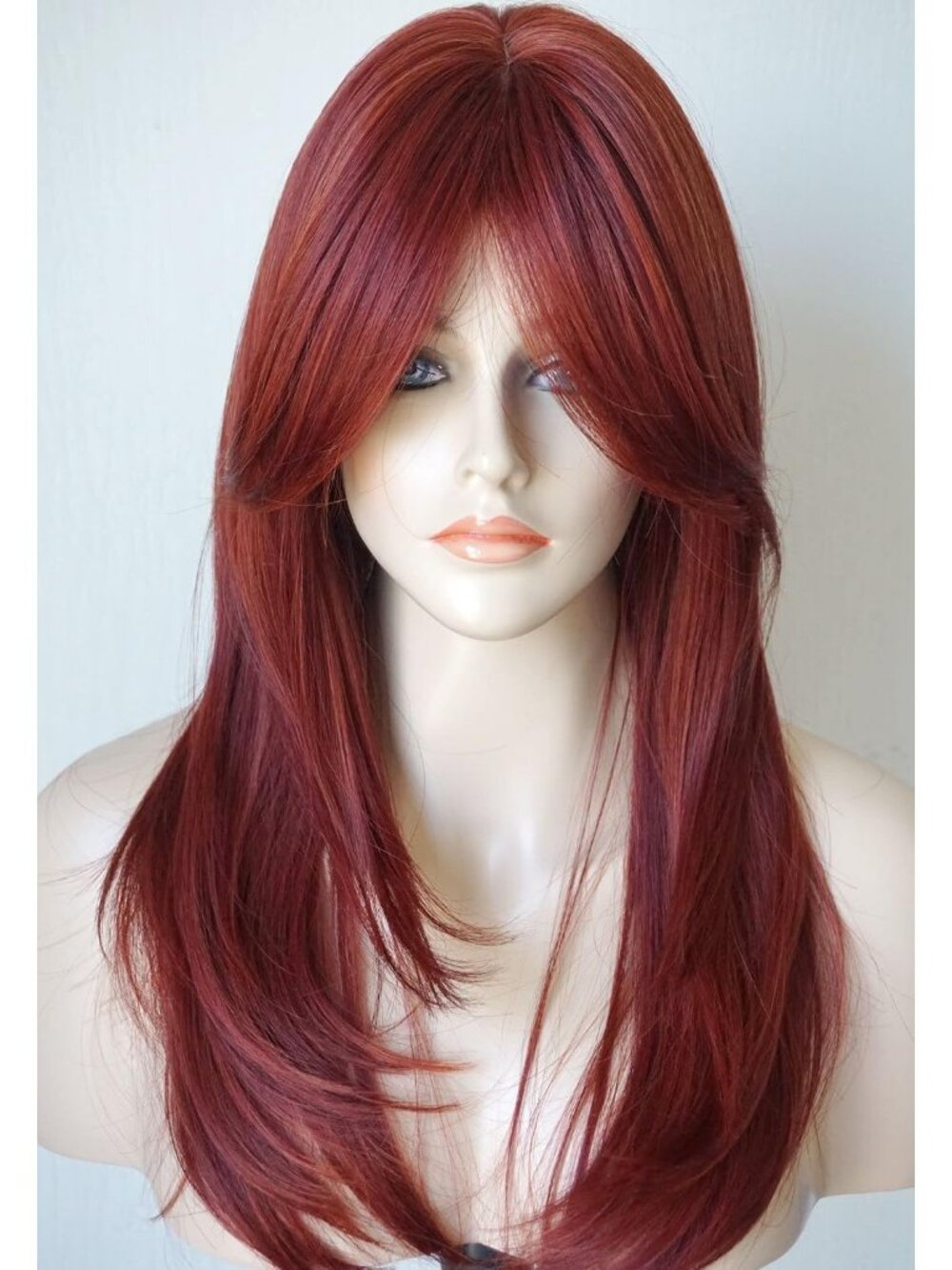 Women's Fashion Wine Red Long Layered Shoulder Synthetic Highlight Bangs Wigs
